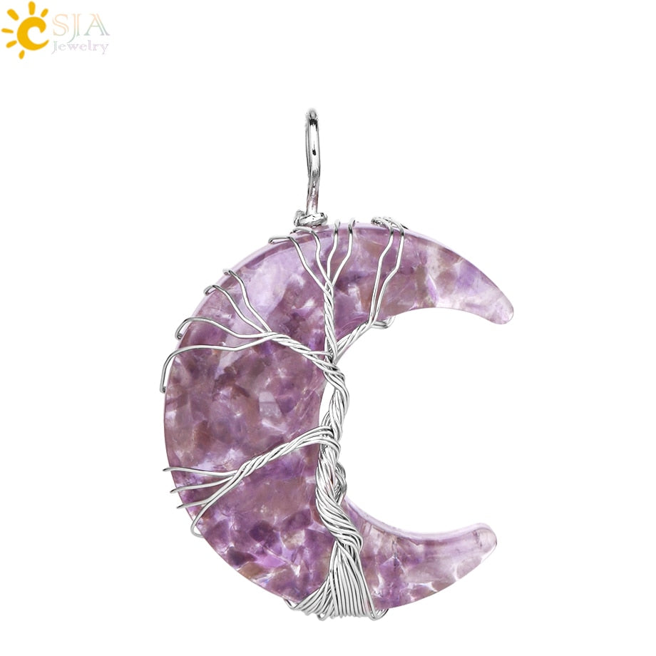 7 Chakras Tree of Life Necklace Wire Wrap Crescent Moons Crystal Pendants Chip Quartz Natural Stone Resin Stainless Steel G931 - my-magic-mirror