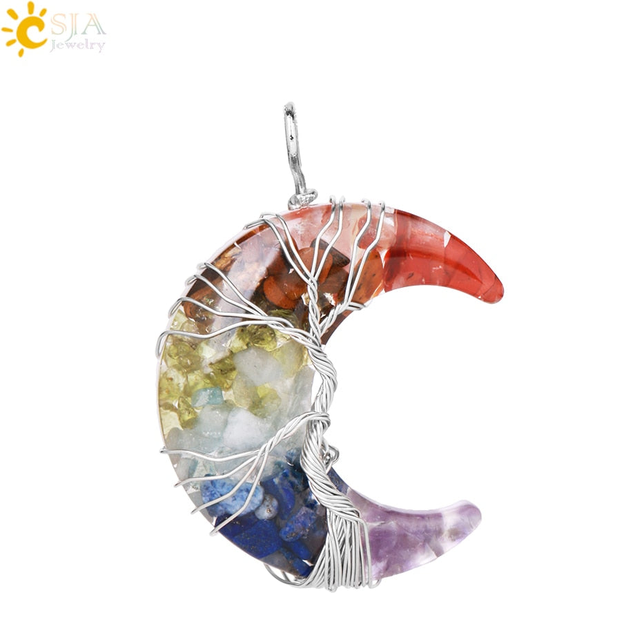 7 Chakras Tree of Life Necklace Wire Wrap Crescent Moons Crystal Pendants Chip Quartz Natural Stone Resin Stainless Steel G931 - my-magic-mirror